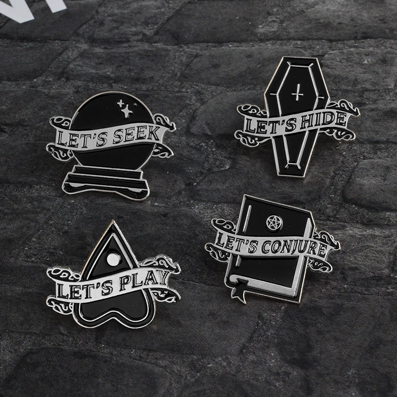 

Black Crystal ball Coffin Heart Magic book Brooch Punk Dark Enamel Pins Let's Seek Play Hide Conjure Bag Jacket Accessories Pin