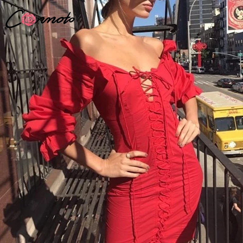 

Conmoto Lace Up Off Shoulder Women Dress Long Sleeve Casual Dress Short Bodycon Sexy Dress High Street Fashion Vestidos