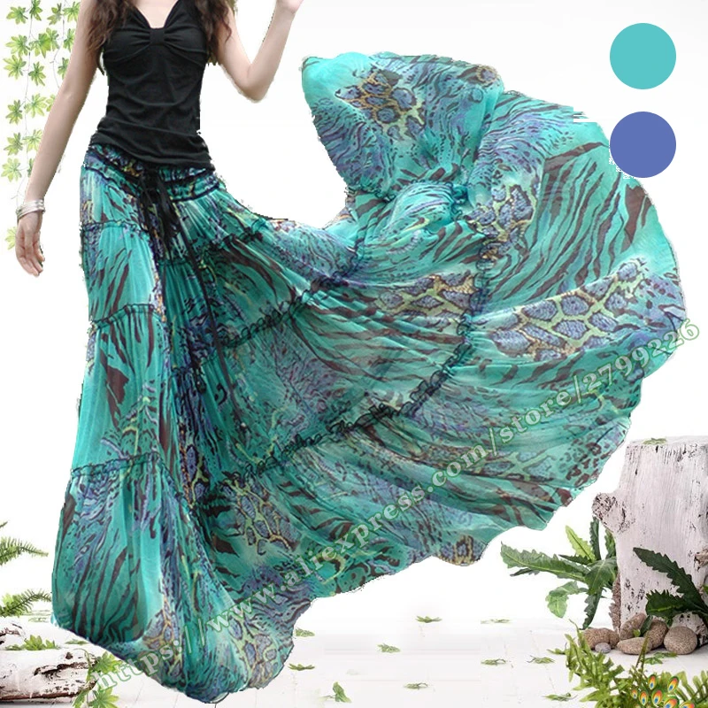 Летние богемные Повседневное из шифона и тюля с цветочным принтом Gypsy Boho плиссированные пляж Макси Юбки для женщин женские/женский длинный plissee