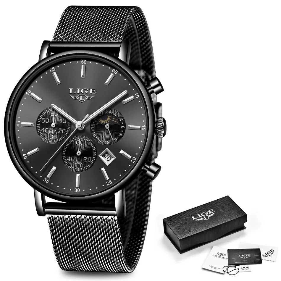All black LIGE, мужские модные часы, лучший бренд, Роскошные Кварцевые часы для мужчин, повседневные, тонкие, под платье, водонепроницаемые, спортивные наручные часы, Relogio Masculino - Цвет: All black