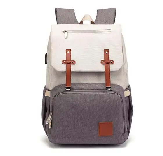 beige gray Новая мода с USB Мумия Папа пеленки мешок чистый большой Водонепроницаемый уход сумка Дорожная Рюкзак коляска уход за ребенком подгузник сумка - Цвет: beige gray