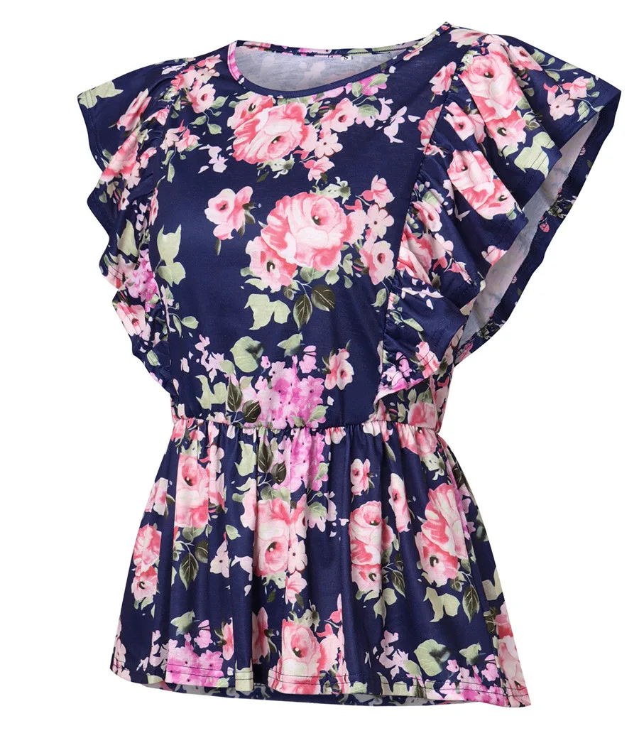 Gladiolus 2018 Floral Print Women T-Shirts O-Neck Butterfly Sleeve Blue Red Slim T Shirt Women Summer Casual Ruffled Ladies Tops (26)
