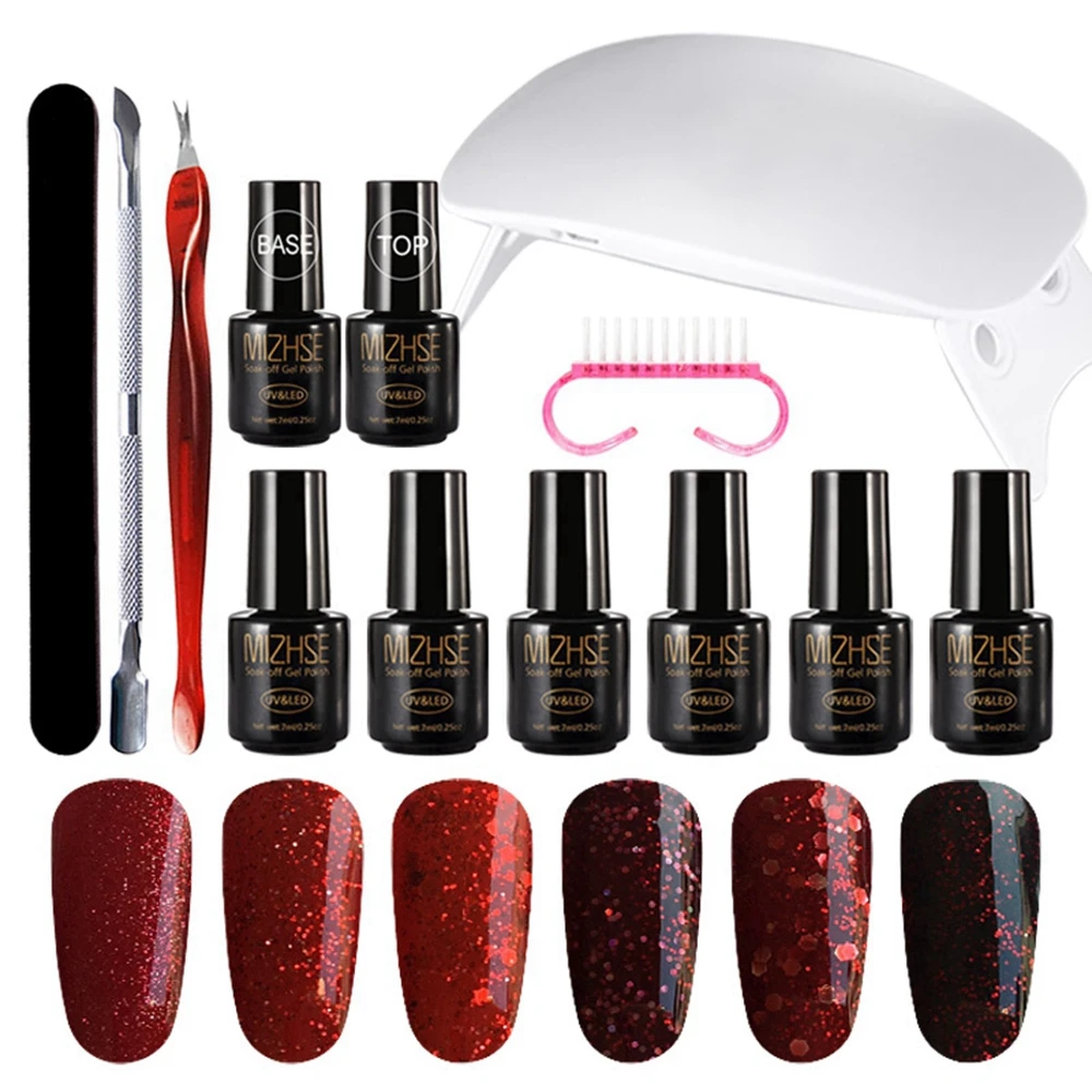 

MIZHSE Gel Nails Set With 6W UV Lamp For Manicure Nail Art Tools Cure Manicure Kit Glitter Nail Gel Polish 7ML Primer Base Coat
