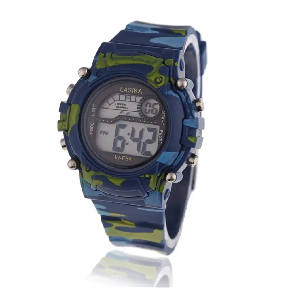 Для мальчиков часы камуфляж плавание спортивной моды Водонепроницаемый силиконовый ремешок цифровые наручные часы