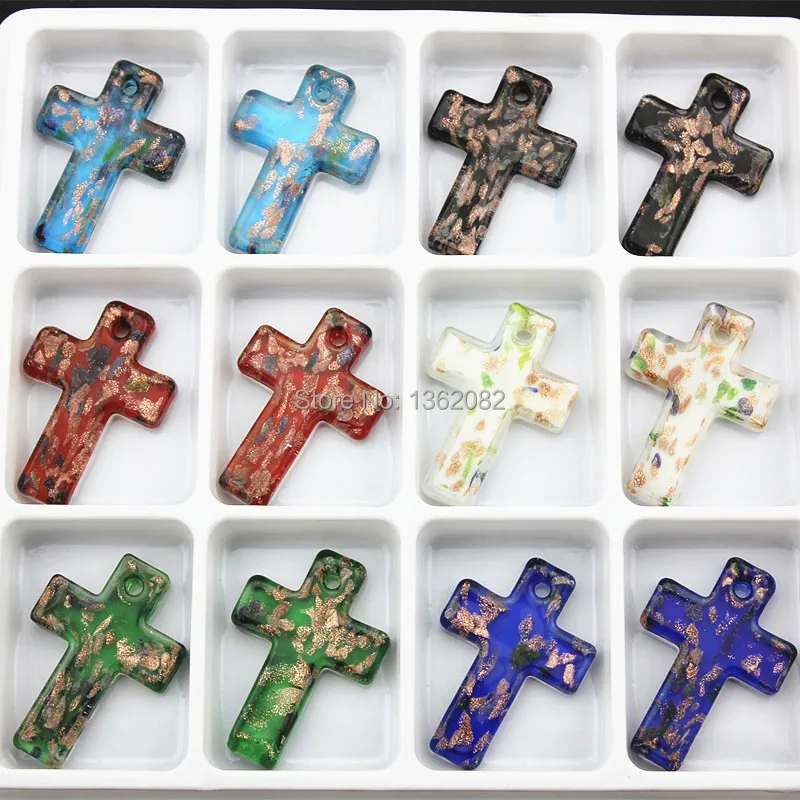 

Wholesale 12pcs/lot Mixed Color Unique Lampwork Murano Art Glass Cross Charms Pendant Necklace for men womens Gift MC24