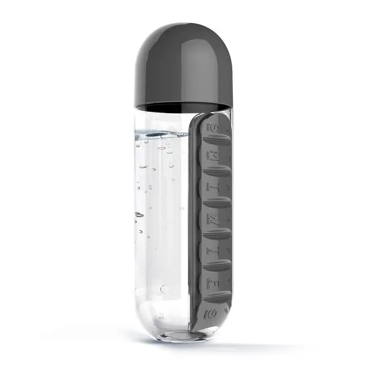 600 мл портативная пластиковая бутылка для воды с 7 дневным ящиком для таблеток 7 своевременным напоминанием о приеме лекарств, медицинский комплект контейнера для кемпинга - Цвет: Black