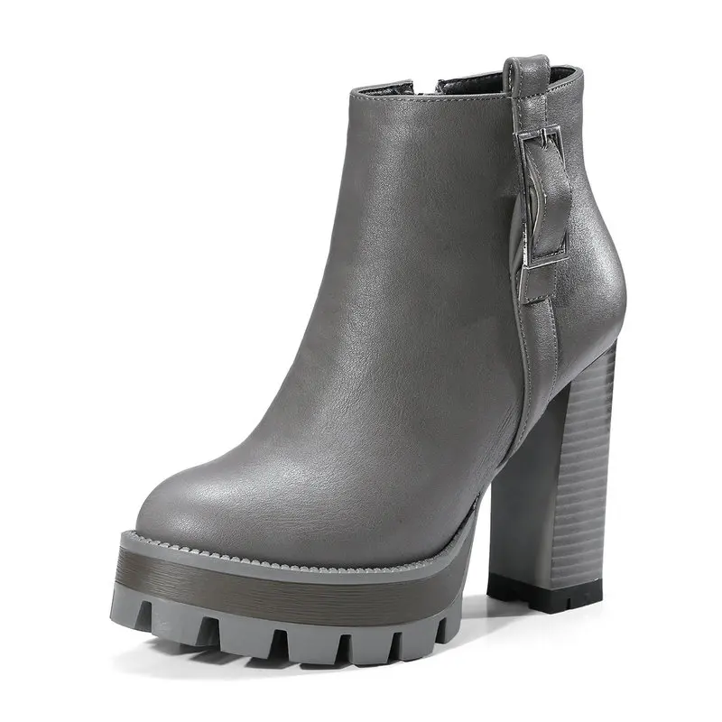 Chaussures Femme Dames Grande 42 2019 Épais Noir Cuir De Femmes Automne marron gris En Vache Plate forme Printemps Taille Bottes Cheville 41 Talons Hauts JclFK1