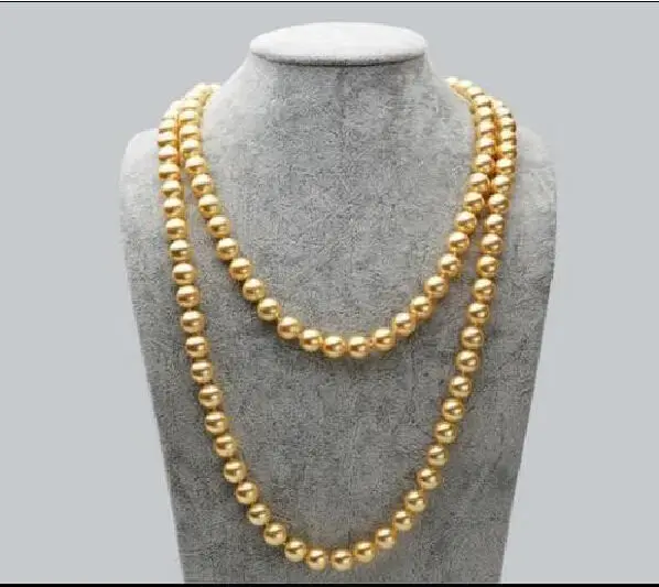 

free shipping charming 9-10mm round genuine south sea yellow pearl necklace 35inch t a()
