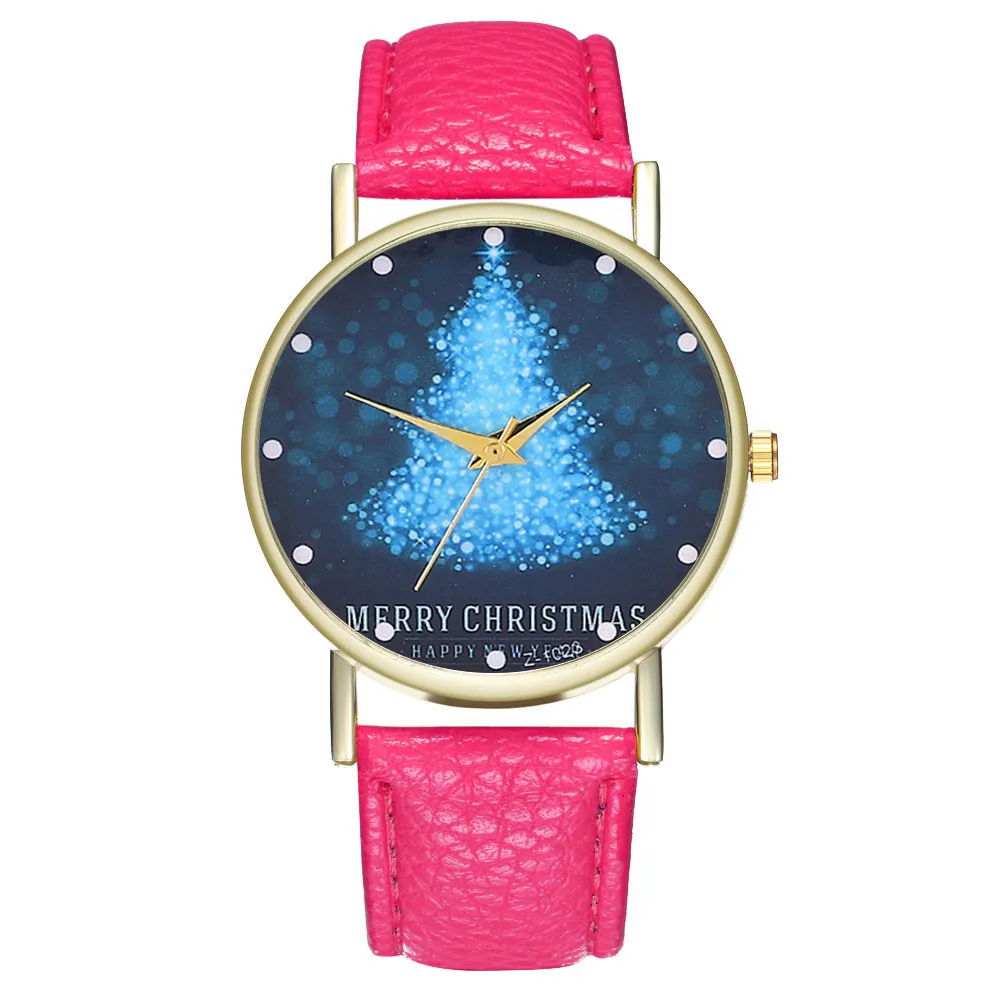 Топ бренд часы женские Санта Клаус шаблон кожаный ремешок кварцевые часы Аналоговые женские часы рождественские часы Montre Femme& Ff - Цвет: Hot Pink