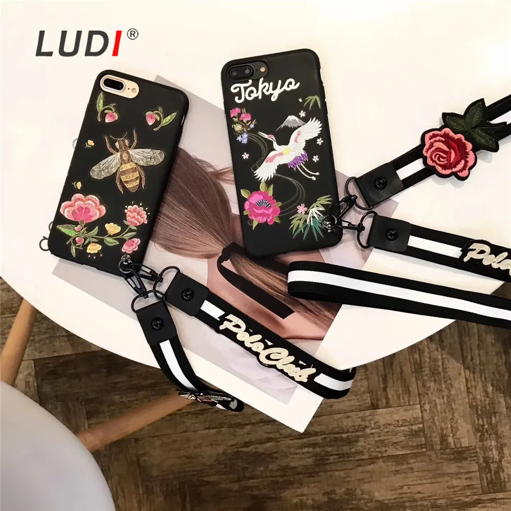 

LUDI 3D Flower Bee Crane Wrist Neck Strap Case for iPhone X 7 8 8plus Soft Pro-TPU Hipster Cover for iPhone 6Plus 6 6sPlus 7plus