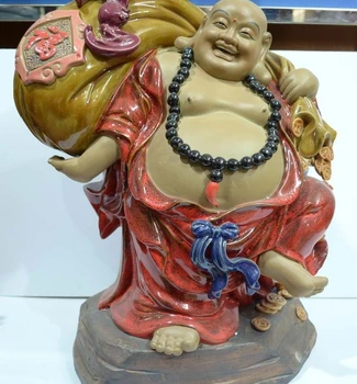 

Tibet Colorful Pottery Porcelain Statue Wealth Bat Happy Laugh Maitreya Buddha