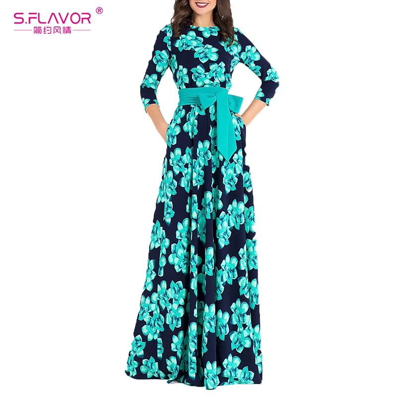 Женское свободное длинное платье S.FLAVOR, элегантное праздничное платье с принтом и О-образным вырезом без карманов для весны и лета