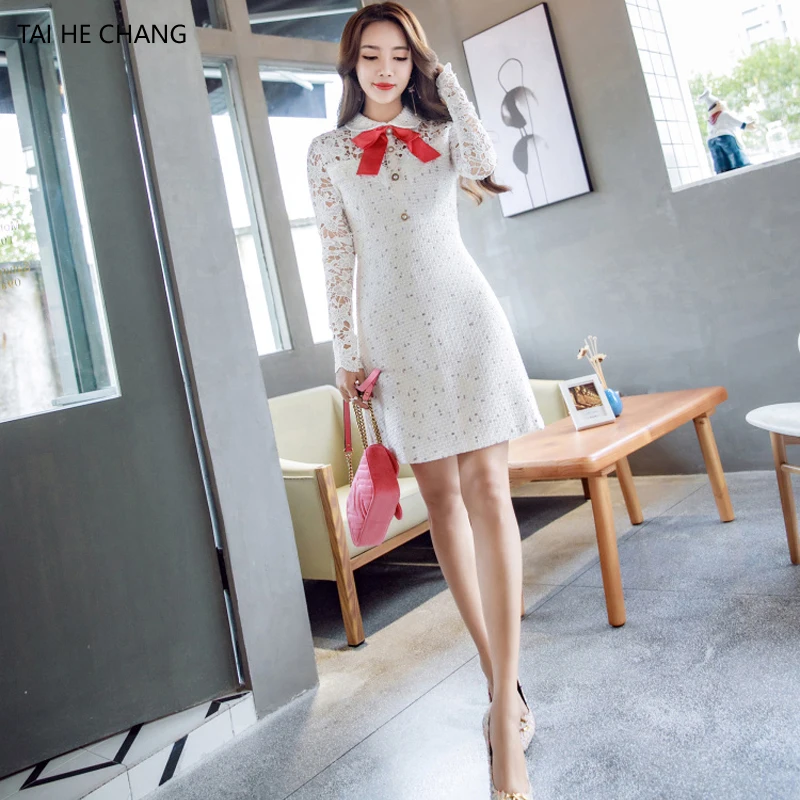 2017 women dress autumn winter new high-end elegant vestidos bodycon white lace office runway sexy long sleeve mini dress long-white-lace-dress