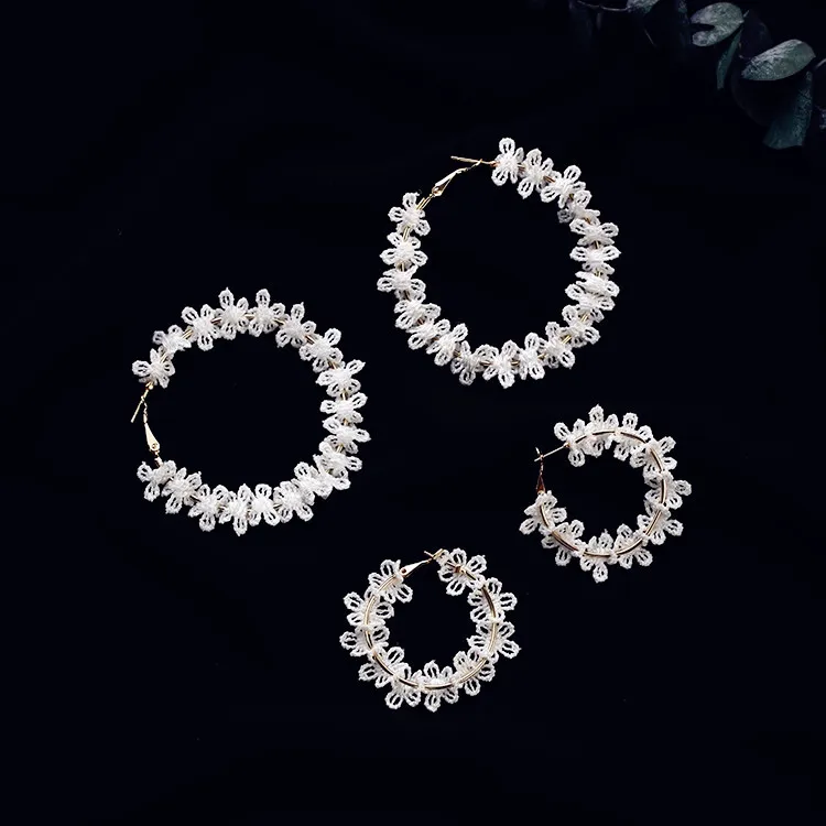 Korean Fashion Romantic White Lace Flower Big Round Circle Hoop Earrings for Women Jewelry Gift Boucle D'oreille Pendante Femme |