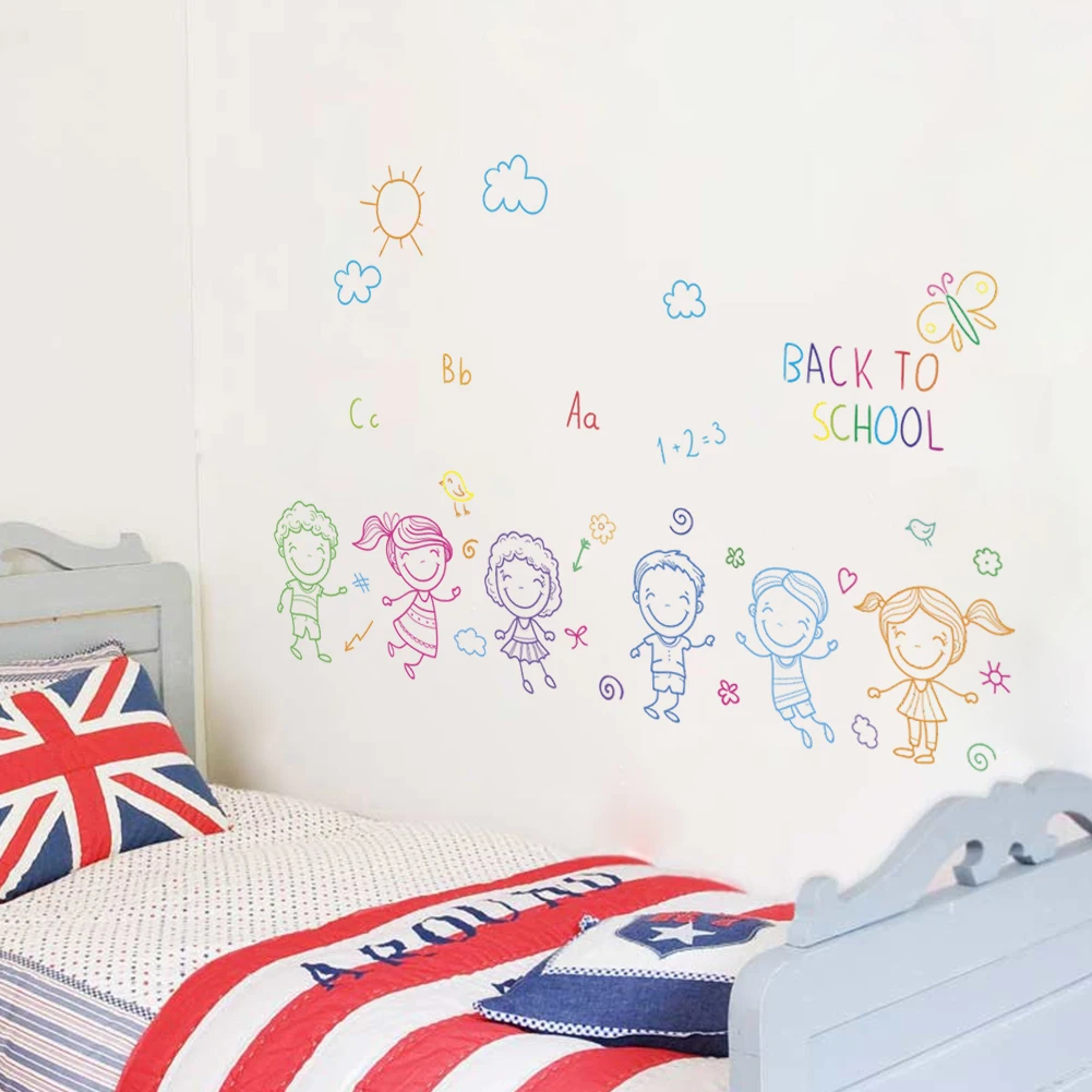 Cartoon Girl Boy School Wall Sticker For Kids Rooms Children Home Decor