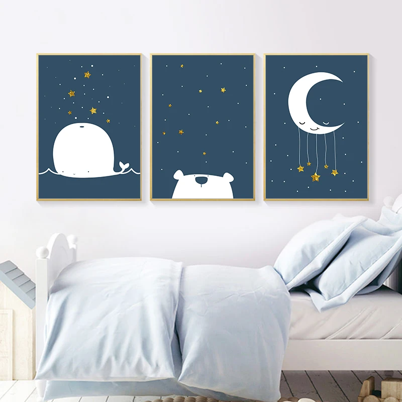 

Gohipang Baby Nursery Canvas Poster Cartoon Whale Moon Wall Art Print Minimalist Painting Decoration Picture Nordic Kid Boy Room