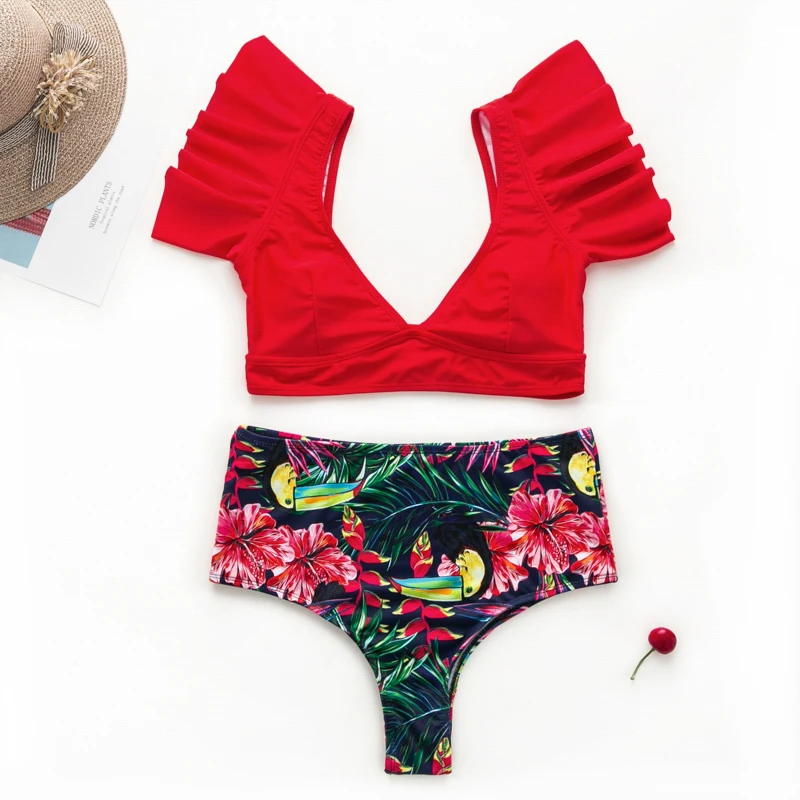 

Turmeric Vintage high waist bikinis 2019 mujer Push up sexy swimsuit female Deep v-neck ruffles swimwear women bathing suit new