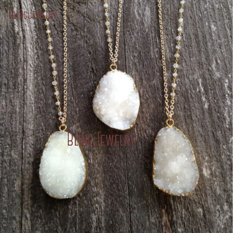 

White Druzy Drussy Druzzy Pendant Necklace Beads Rosary Chain Necklace Gold Filled Chain Necklace NM24415