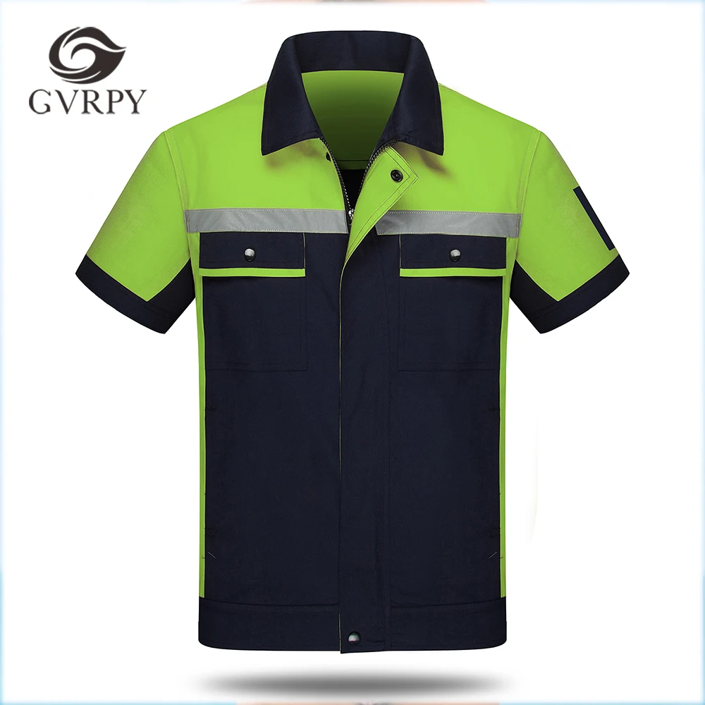 

Wholesale High Quality Unisex Workshop Wear Clothes Summer Short Sleeve Shirt Two Pieces Set Repairment Service Patchwork Jacket