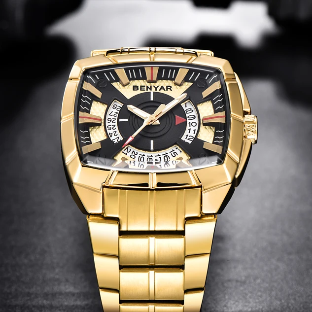 BENYAR الرجال ووتش الأعمال الذهبي الفولاذ المقاوم للصدأ الرجال الكوارتز الرياضة الساعات الأزياء أعلى العلامة التجارية الإبداعية للماء المعصم