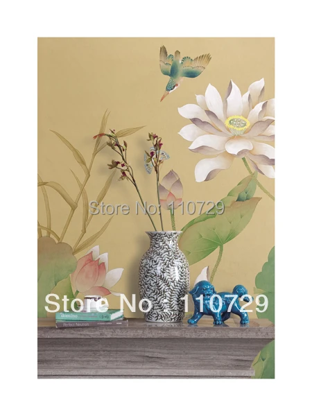 

Home Decoration material Hand painted silk wallpaper painting Peony with birds many pictures optonal