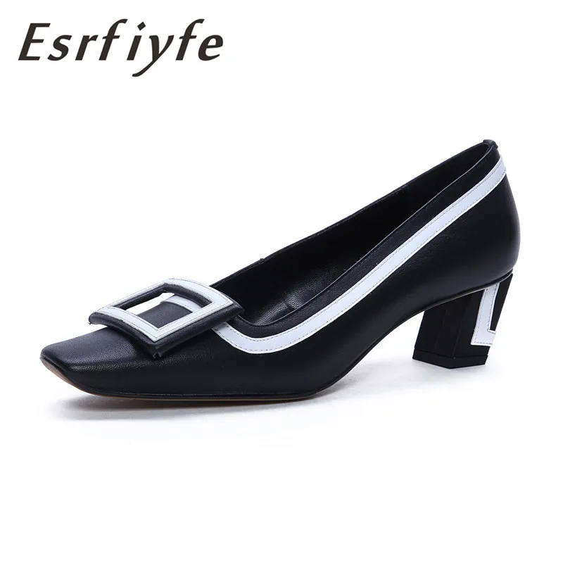 

ESRFIYFE 2019 New Women Pumps Thick Heels 4.5cm Lady Genuine Leather Thick with Autumn Square Toe Single Shoes Female Work Shoes