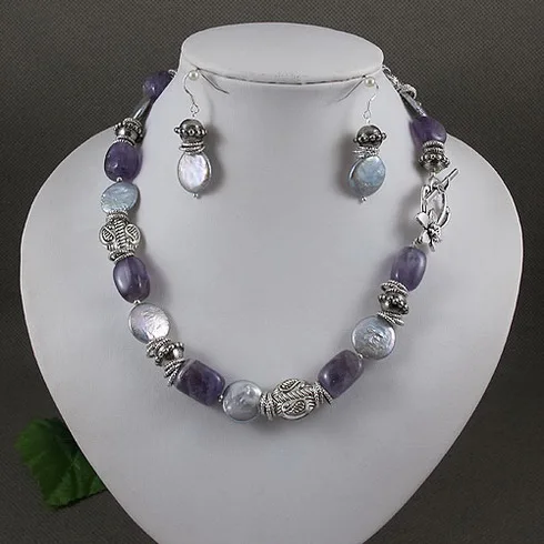 

Unique Pearls jewellery Store,Gray Coin Pearls Purple Amethers Tible Silver Necklace 925 Silver Dangle Earrings Jewelry Set