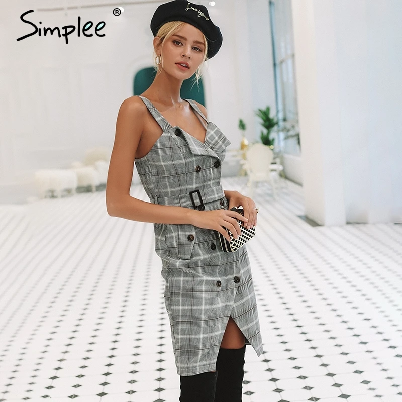 Короткое женское платье Simplee с высокой талией двубортное клетчатое ремешком для