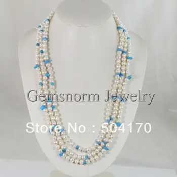 

Fashion 78"inches Long Pearl Necklace 6-7MM Freshwater Potatao Pearls Jewelry Dotted with Teal Beads FP146