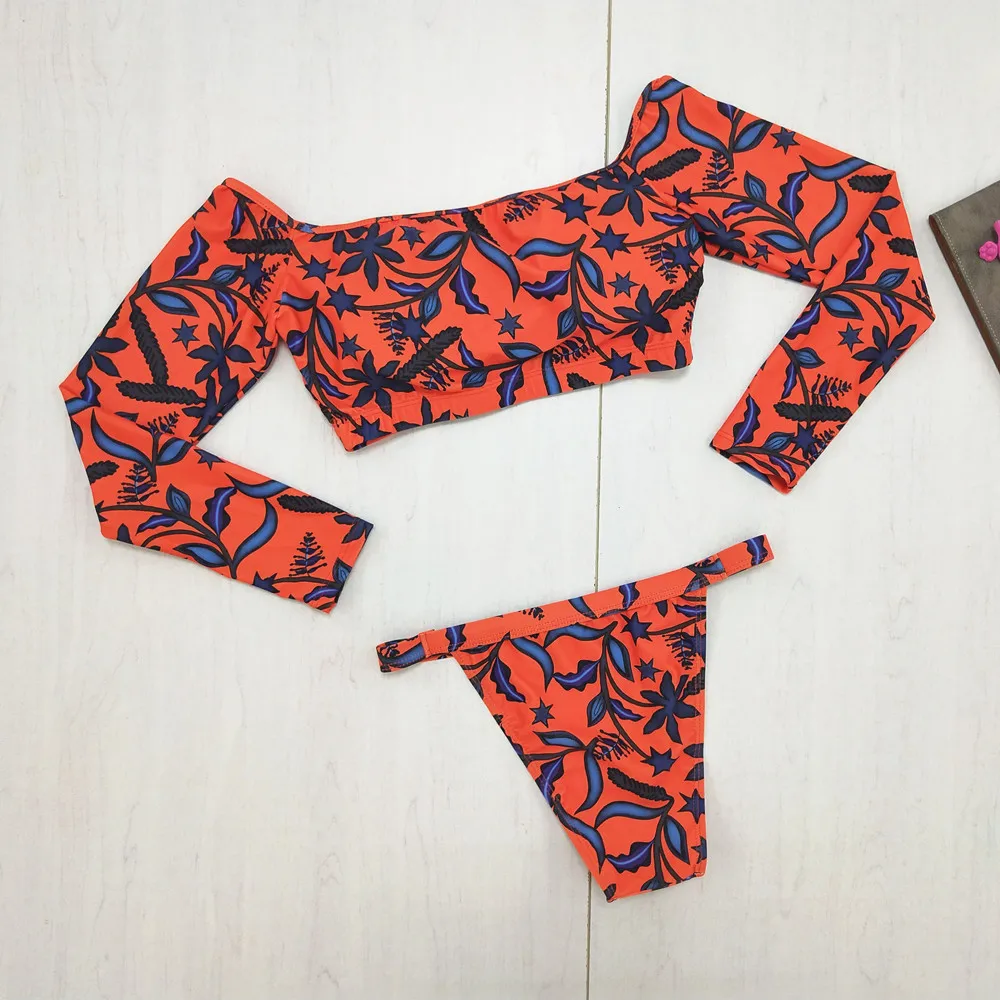 Женский раздельный купальник бикини с цветочным принтом и длинным рукавом