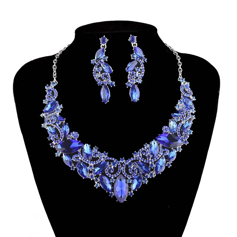 Кристальное ожерелье, серьги, свадебные ювелирные комплекты для невест, украшение на свадьбу, вечеринку, выпускной, подарок, зеленый AB, ожерелье со стразами - Окраска металла: blue