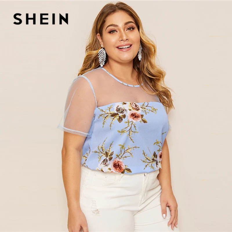

SHEIN Plus Size Blue Mesh Yoke Floral Print Top Blouse 2019 Women Summer Casual Contrast Mesh Round Neck Short Sleeve Blouses