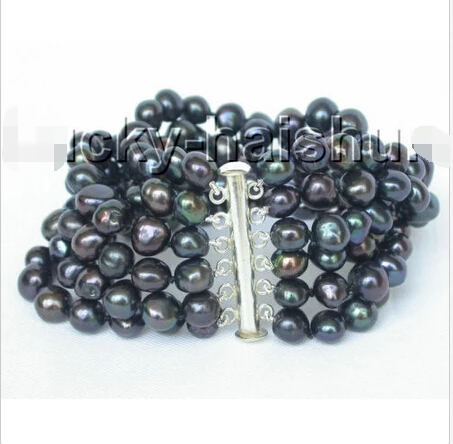 

8" 6row 9mm baroque Black pearls FW bracelet bangle magnet clasp j8828 @^Noble style Natural Fine jewe FREE SHIPPING