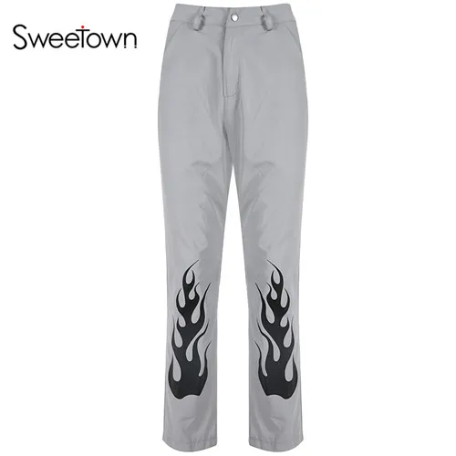 Женские брюки-карго Sweetown с огненным принтом; серые прямые брюки с высокой талией; женские брюки на молнии с карманами; Повседневная Уличная одежда - Цвет: gray