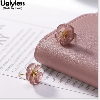

Uglyless Noble Dark Pink Strawberry Quartz Flower Stud Earrings for Women Handmade Sakura Studs Real Solid 925 Silver Fine Jewel