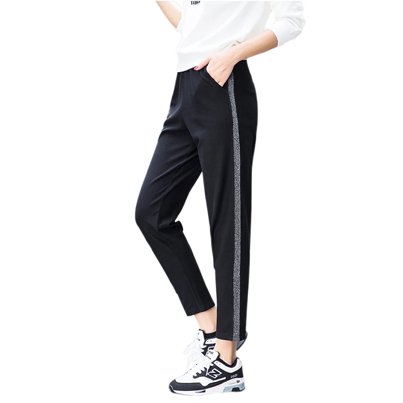 

2018 Autumn Joggers Women Silver Striped Sweatpants Ankle Length High Waist Casual Harem Pants Women Trousers pantalones mujer
