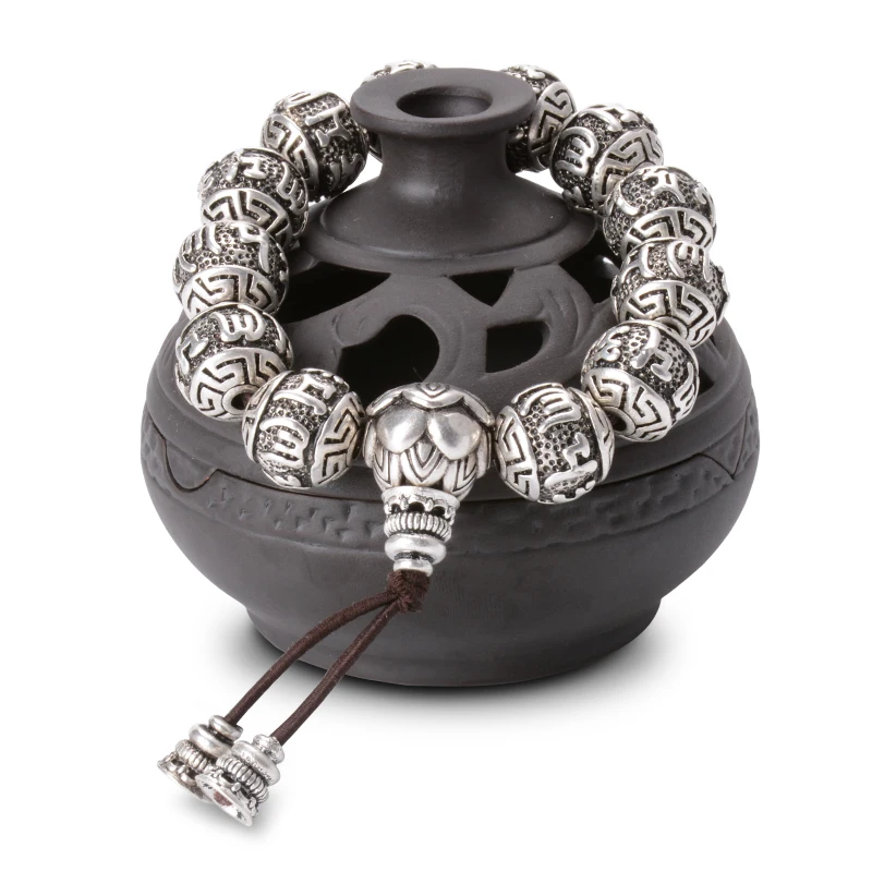 Online Vintage Tibetischen Buddhismus Messing Silber Überzogene Charme Seil Armband Für Männer Sechs Worte Mantras Mala Yoga Lotus Gebet Perlen Armband