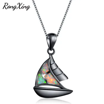 

RongXing Sailboat Pendant White/Blue Fire Opal Necklaces For Women Vintage Black Gold Filled Birthstone Necklace Jewelry NL0160
