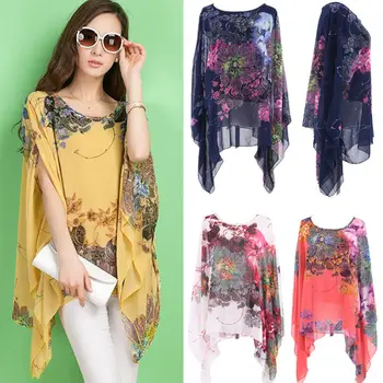 

2017 Women Summer Irregular Blouses Floral Bat wing Sleeve Chiffon Loose Casual O-neck Tops Hot Sale Now