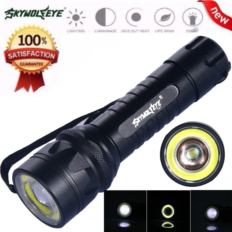 skywolfeye XM L T6+COB Zoomable Flashlight Super Bright Light 18650