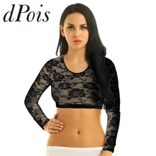 Женская летняя мягкая кружевная Цветочная сетка прозрачное глубокое декольте короткий топ с длинными рукавами Блузка Футболка одежда для ночного клуба