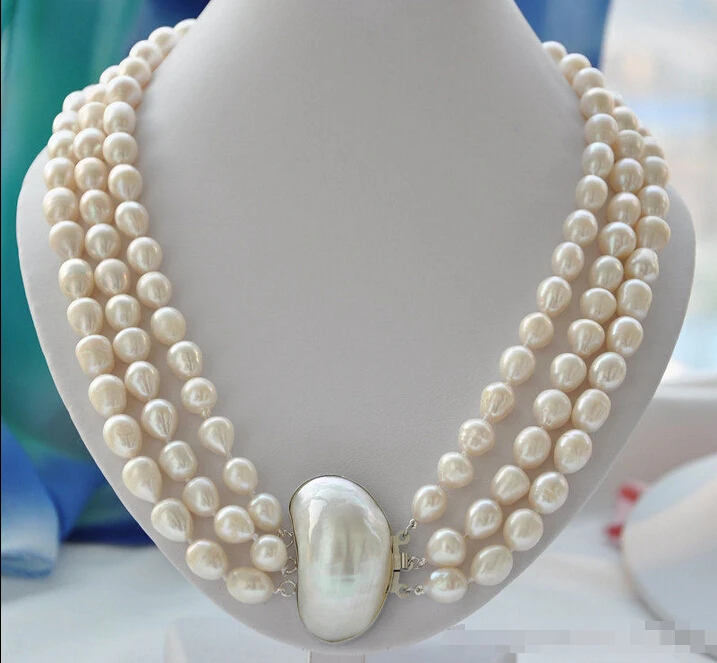

FREE shipping>>>>> NATURAL 3strands 12mm rice white Freshwater pearl necklace mabe 23inch 6.07