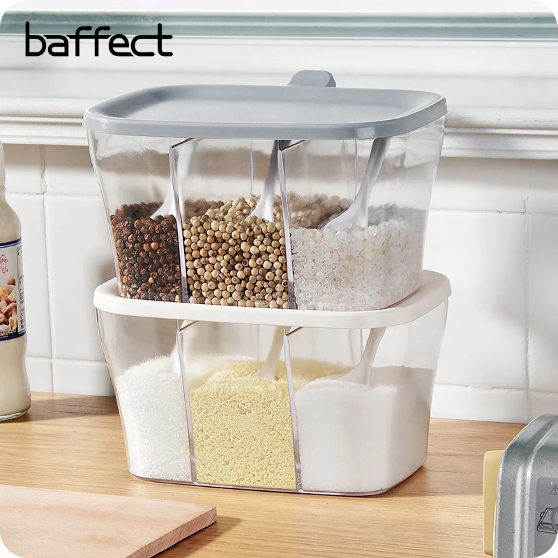 Baffect Plastic Stackable Seasoning Box Spice Rack 3 Gird Spice Jars with Lid and Spoon Container Box For Salt Sugar Pepper MSG