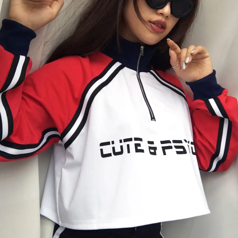 النساء الورك هوب Sweatershirts المحاصيل أعلى الأزياء الشارع الشهير البلوز harujuku سستة طوق الأحمر الأبيض فضفاض قمم البلوز الإناث