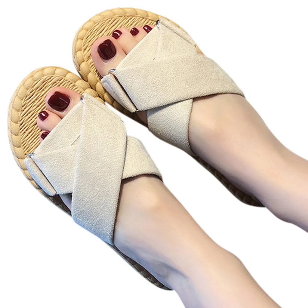 

Fashion Cow Suede Cross-tied Solid Metal buckle Women Summer Flat Bottom Soft Non-Slip Rome Beach Casual Shoes Slippers Sandals