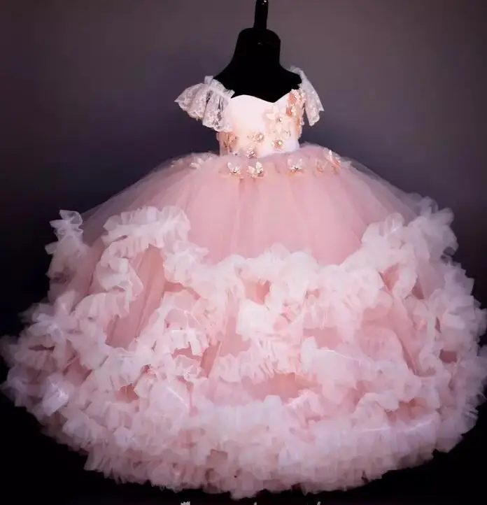 

Luxury Pink Cloud Flower Girl Dresses with Handmade Flowers and Beading Girls Birthday Party Gown Pageant Gowns Real PictureLX