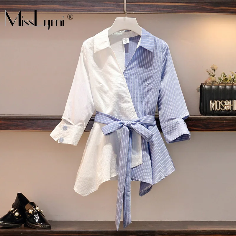 

M-4XL Plus Size Women Striped Shirt Summer 2019 V-neck Hollow Out Sleeve Blouses White Patchwork Blue Asymmetrical Top with Belt
