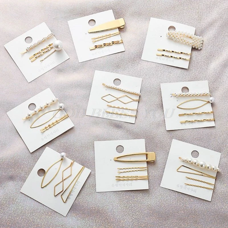 

1 Set Minimalist Korean Style Vintage Bobby Pins Women Metallic Gold Faux Pearl Decor Hair Clips Girlsl Geometric Wavy Barrettes