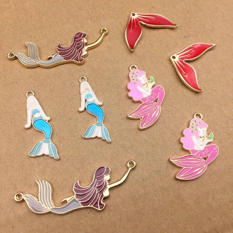 

10pcs Korean jewelry accessories enamel Mermaid tail charm Pendant Necklace clavicle Chain Earring hanging handmade DIY material
