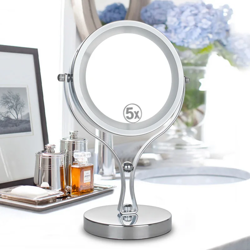 

6inch LED 2-Face metal Round Shape 360 degree Rotating Cosmetic Mirror, desktop makeup 5X Magnifier Mirror